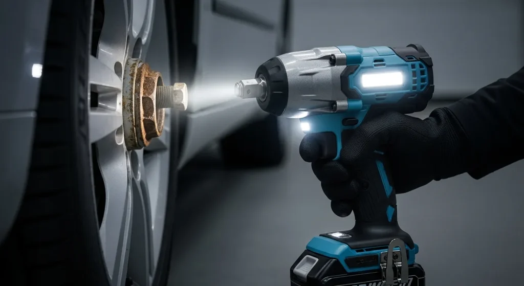 A close-up view of a cordless impact wrench being used to remove a stubborn bolt from a car wheel, illuminated by an integrated LED light.