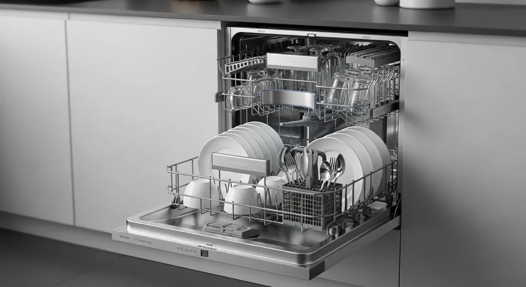 A stainless steel built-in dishwasher is partially open, showing clean dishes inside a spacious interior.