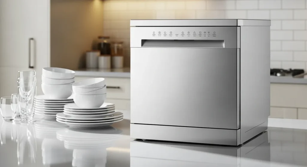 A small, stainless steel dishwasher sits on a clean kitchen counter next to a stack of clean dishes.