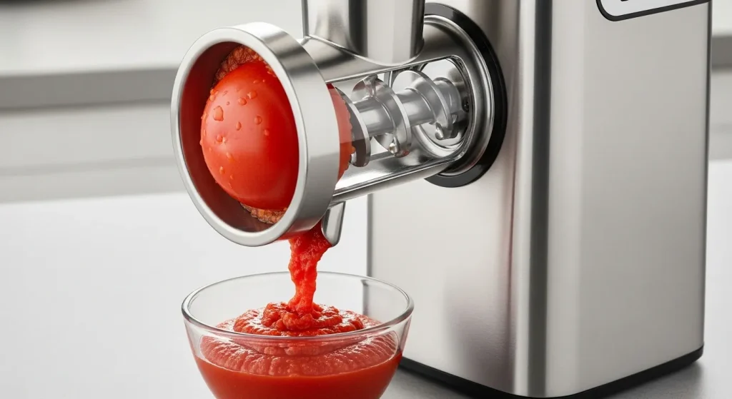 A stainless steel electric tomato mill processes a ripe red tomato, producing thick tomato purée.