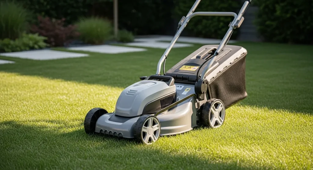A vibrant green lawn freshly cut by a lightweight electric lawnmower.