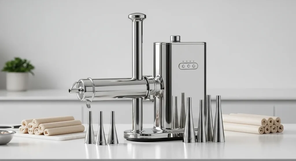 A stainless steel sausage stuffer with multiple funnels sits on a kitchen counter next to sausage casings.