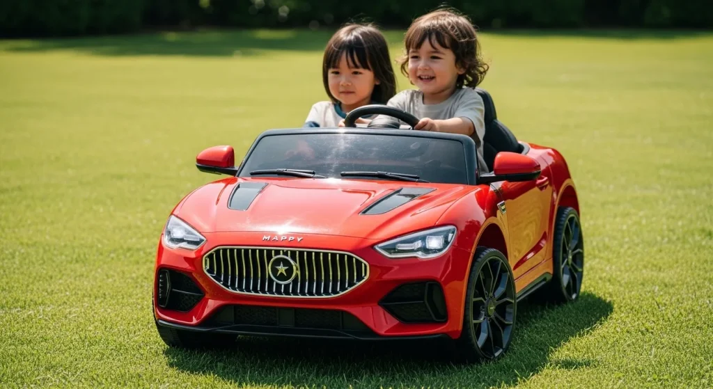 A red children's electric car with two seats parked outdoors on grass.