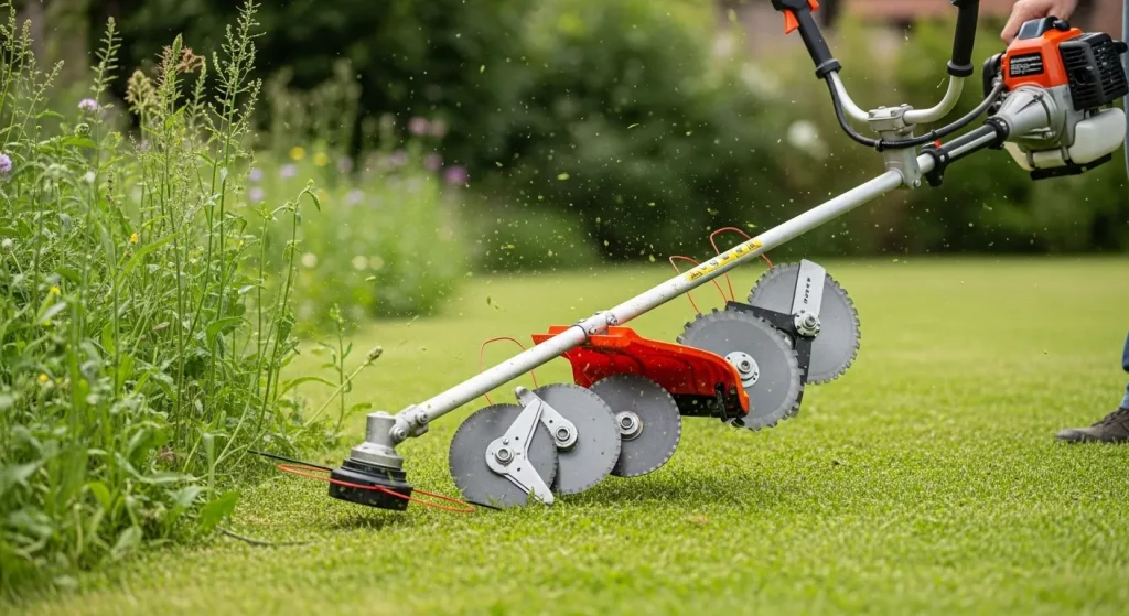 A gasoline-powered weed trimmer with multiple cutting attachments is shown in a garden setting, next to a neatly trimmed lawn.