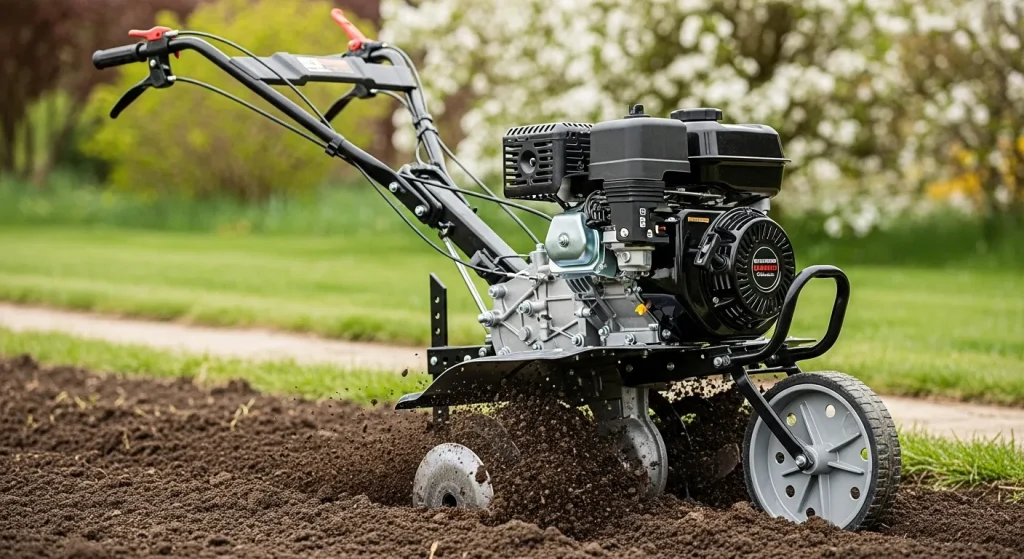 A gasoline-powered tiller with metal wheels tills soil in a garden.