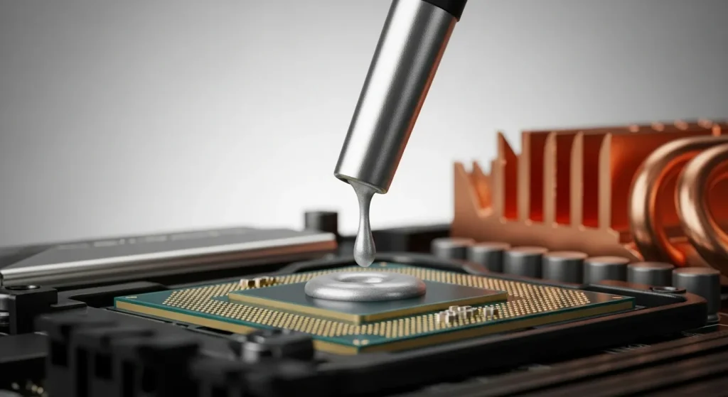 A close-up view of thermal paste being applied to the center of a computer processor.