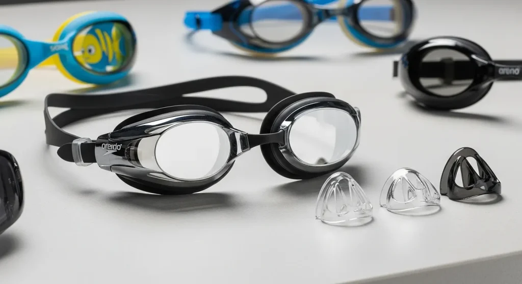 A close-up of a pair of unisex swimming goggles with a hydrodynamic design, featuring anti-fog treatment and interchangeable nose bridges.