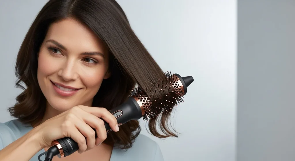 A close-up of a hot air styling brush with rotating barrel, showing various heat and speed settings.