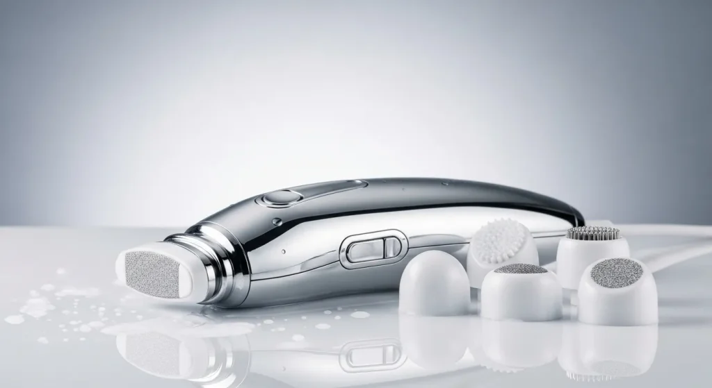 A close-up of a rechargeable electric foot file with multiple interchangeable heads.