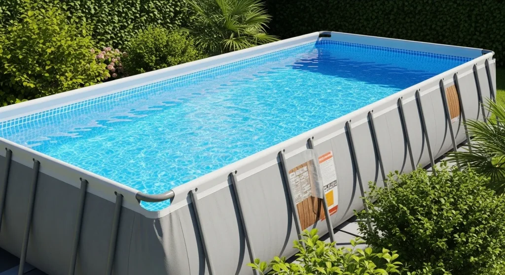 A rectangular above-ground swimming pool with a metal frame, set in a garden.
