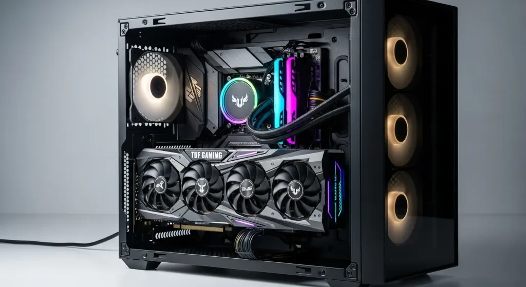 A high-performance graphics card with a large cooling system installed in a modern computer case, showing RGB lighting and power connectors.