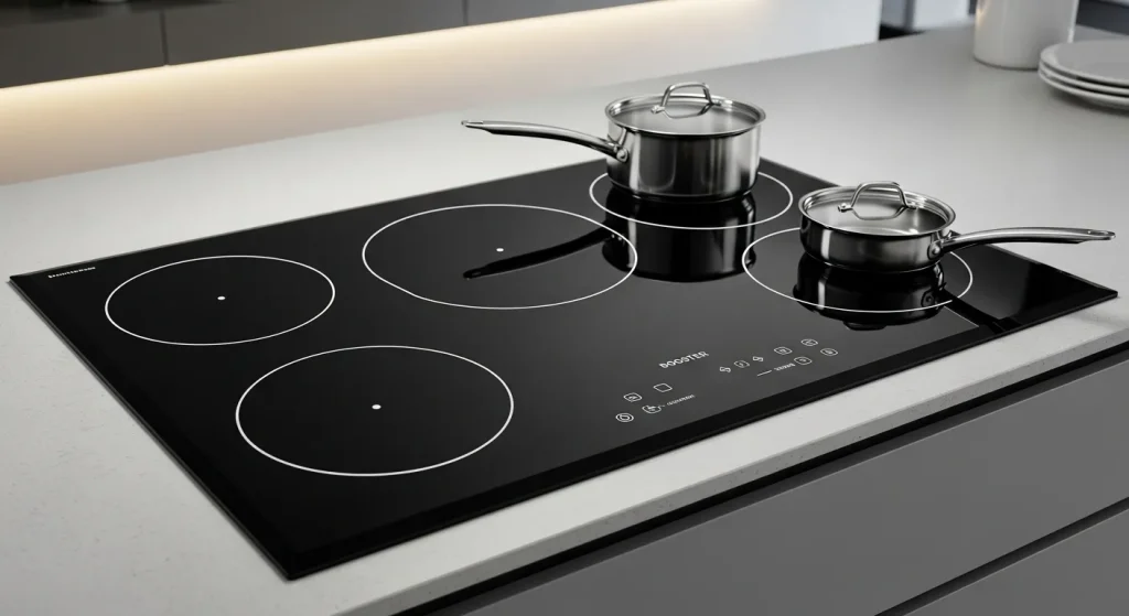 A black glass-top induction cooktop with four circular heating zones and touch controls is installed in a kitchen countertop.
