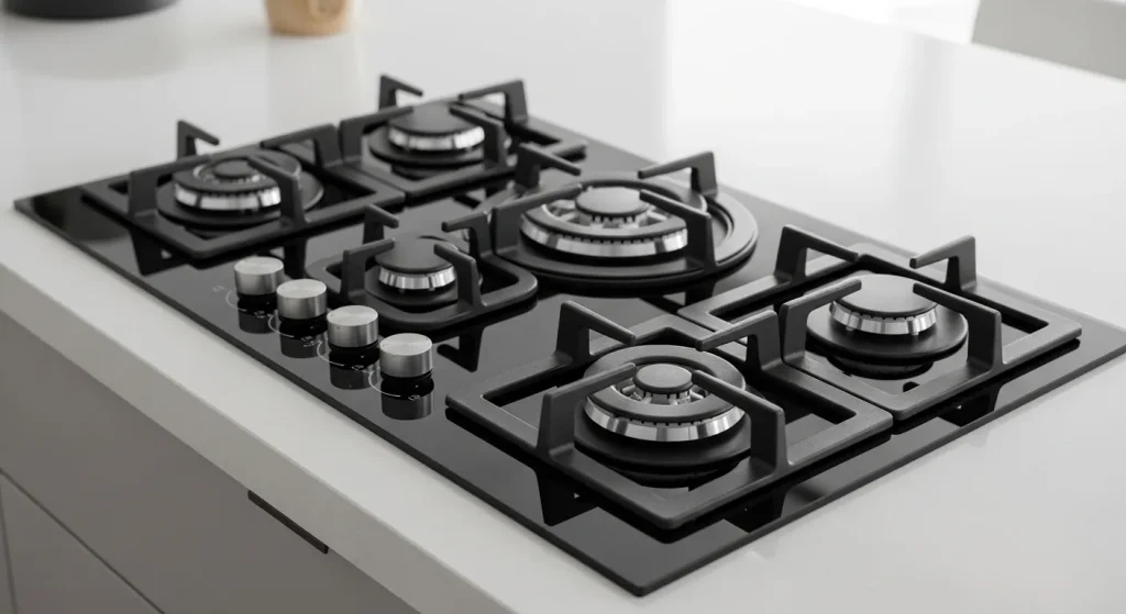 A built-in gas cooktop with four burners, cast iron grates, and a black tempered glass surface.