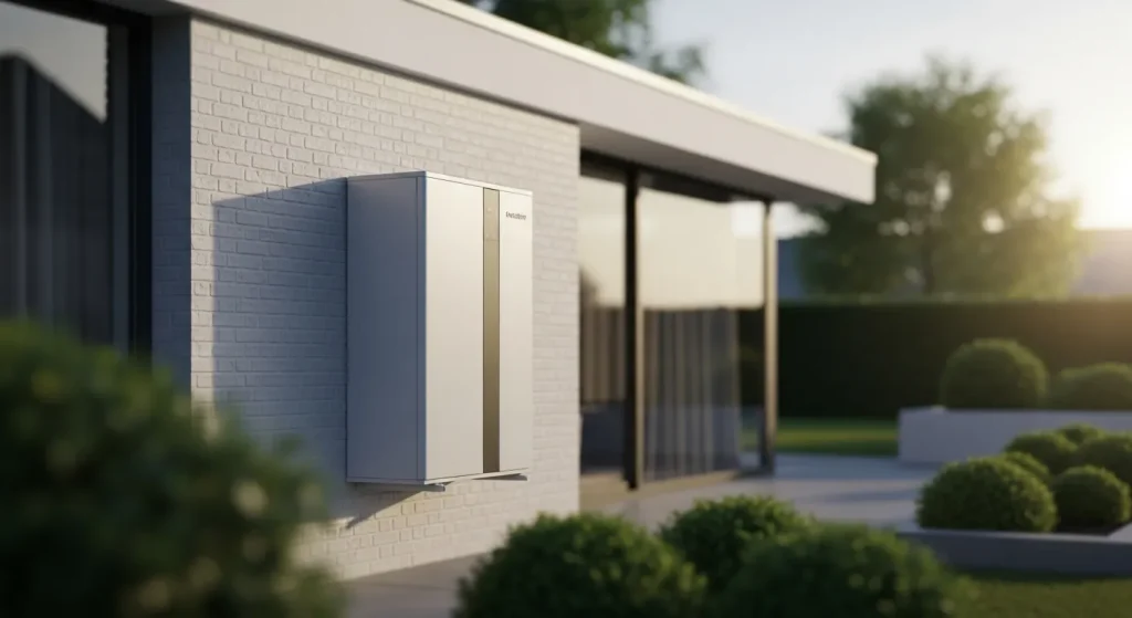 An exterior shot of a heat pump unit connected to a residential building.