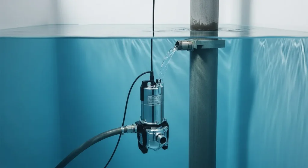 A submersible pump in a well, with a hose connected to it, pumping water.
