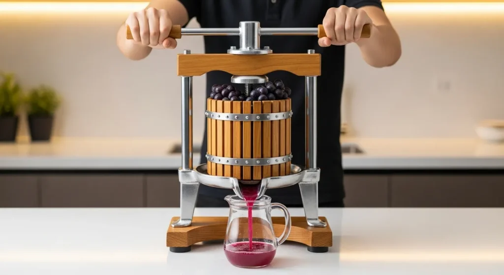 A close-up shot of a traditional wooden grape press with a metal frame, showcasing its construction and mechanism.