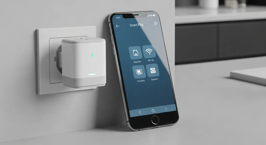 A smart plug, connected to a wall outlet, with a lamp plugged into it.