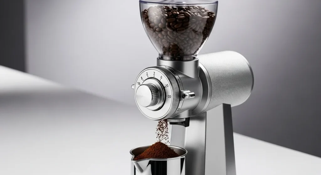 A close-up photograph of a metallic coffee grinder with coffee beans in the hopper and freshly ground coffee in a container below.