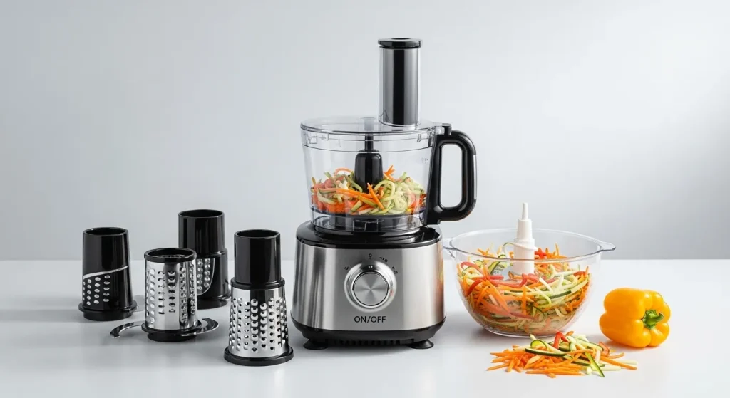 A close-up photograph of an electric food processor with several interchangeable drums and a clear collection container.