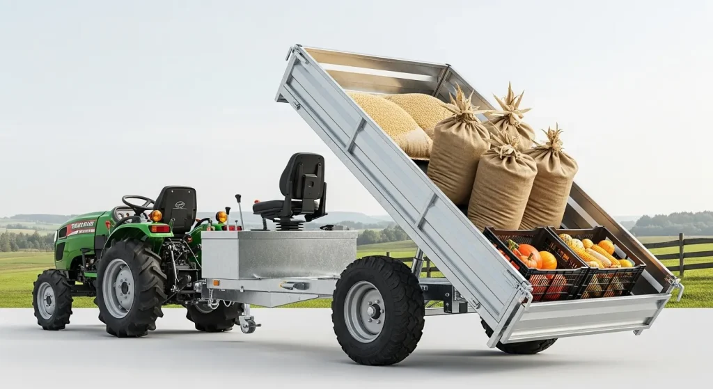 A metal trailer with a tilting bed, pneumatic tires, and a seat attached to a small farm tractor in a rural setting.