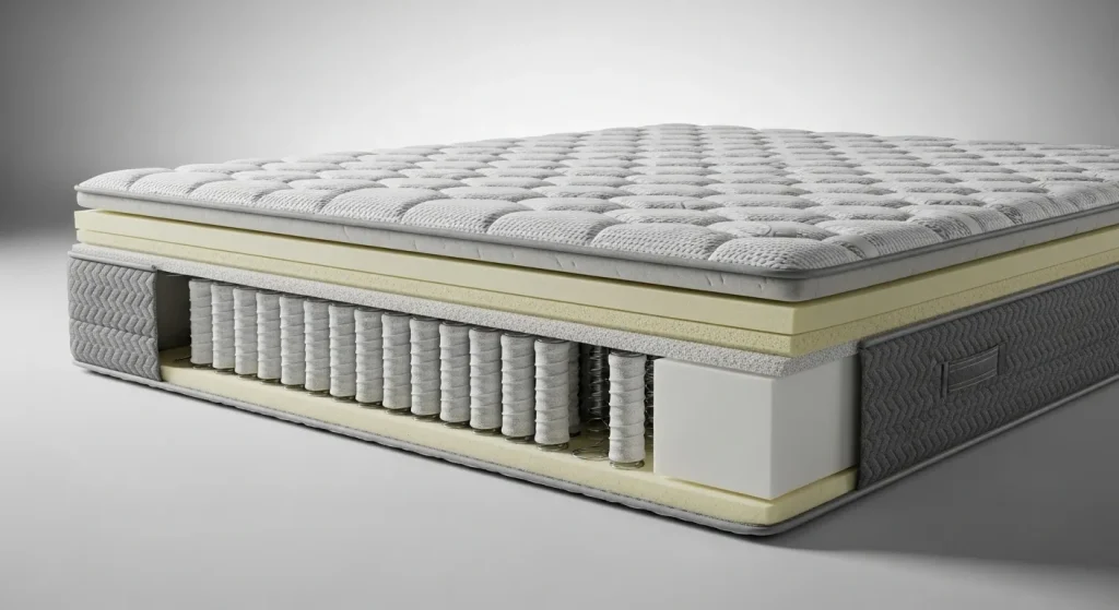 A close-up photograph of a mattress showcasing its layers of cushioning material and individually wrapped coils.