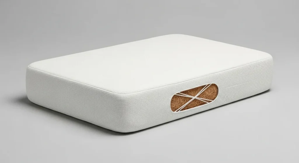 A close-up view of a small, firm baby mattress made of coconut fiber with a white fabric cover.