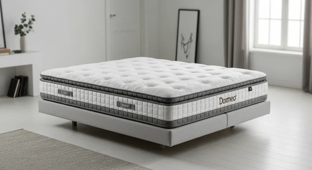 A thick Dormeo mattress with multiple comfort zones, lying on a bed frame in a bedroom.