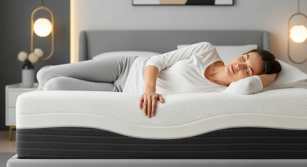 A person lying comfortably on a white memory foam mattress.