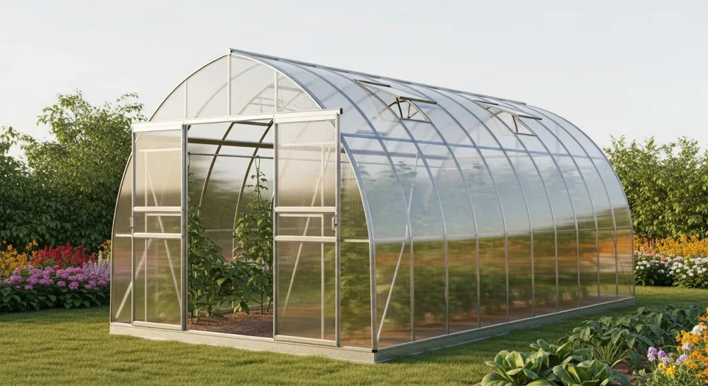 A metal-framed greenhouse with polycarbonate panels, two doors, and several small windows sits in a garden.