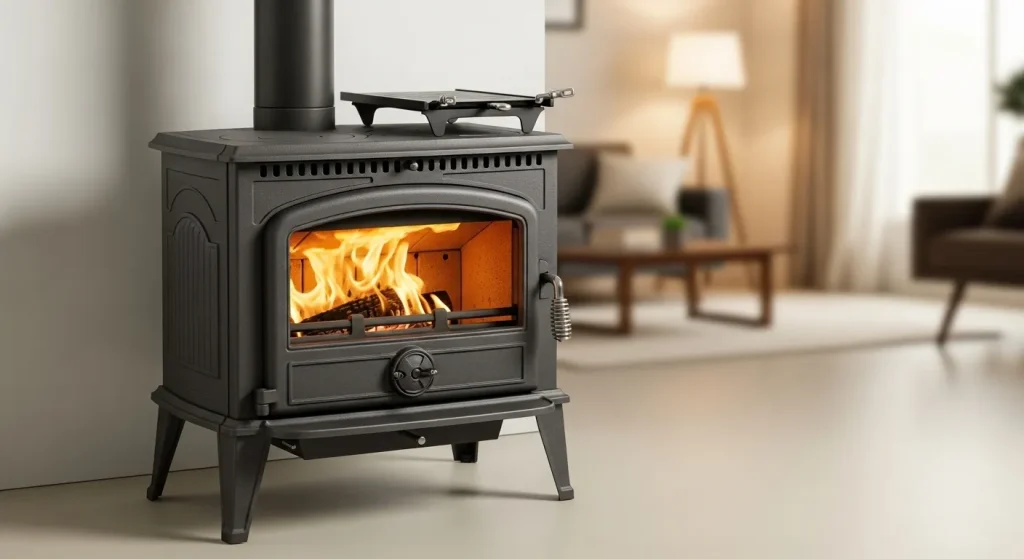 A wood-burning stove with a glass front showcasing burning logs, situated in a warmly lit room.