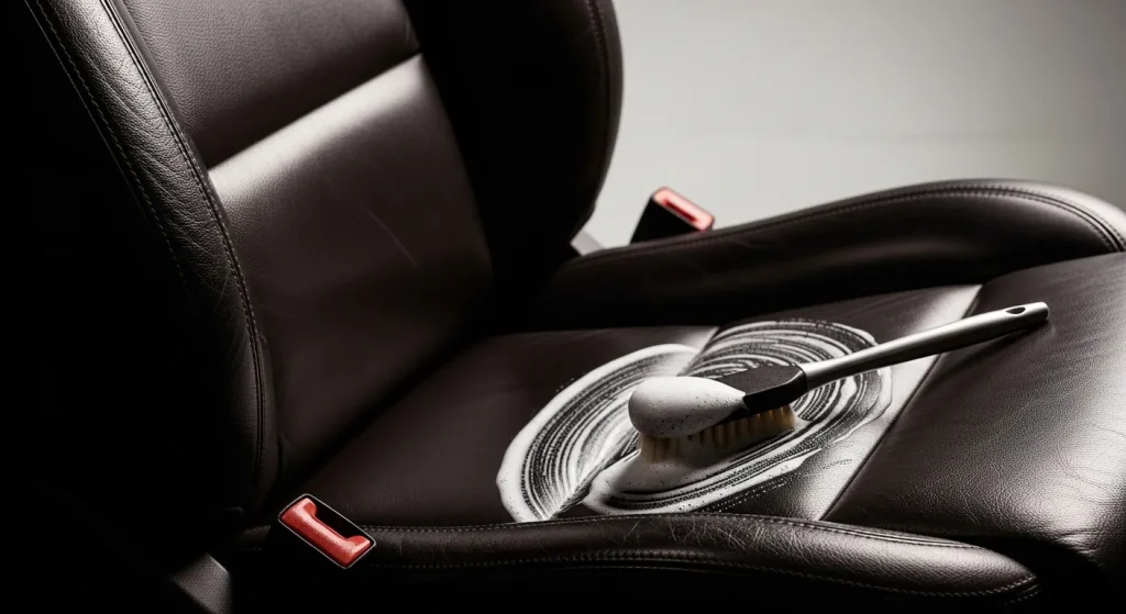 Close-up of a person cleaning dark leather car seats with a foam cleaner and a soft cloth.