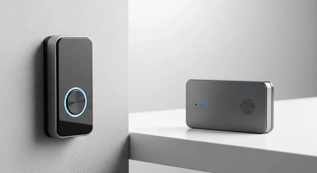 A wireless doorbell system with a button mounted on a wall and a receiver inside a house.