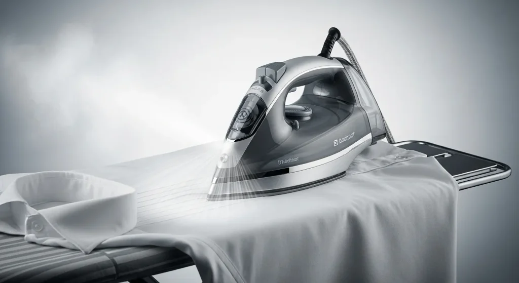 A modern clothes iron with a steam jet ironing a white shirt on a metal ironing board.