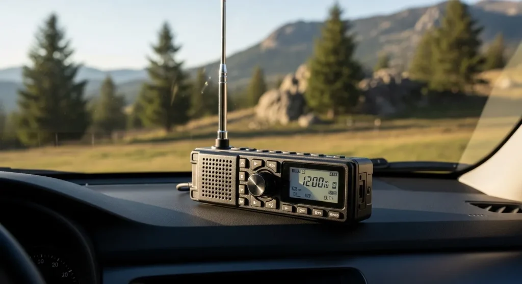 A handheld CB radio sits on the dashboard of a car with an external antenna mounted on the roof, in a rural landscape.