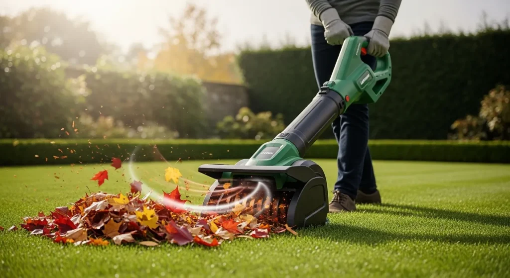 A person using a handheld leaf blower to clear autumn leaves from a lawn.