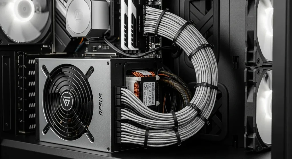 A modular computer power supply unit with neatly arranged cables inside a computer case.