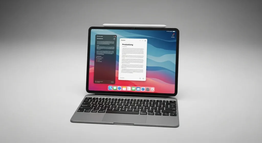 An iPad is positioned on a slim, wireless keyboard, creating a laptop-like setup.