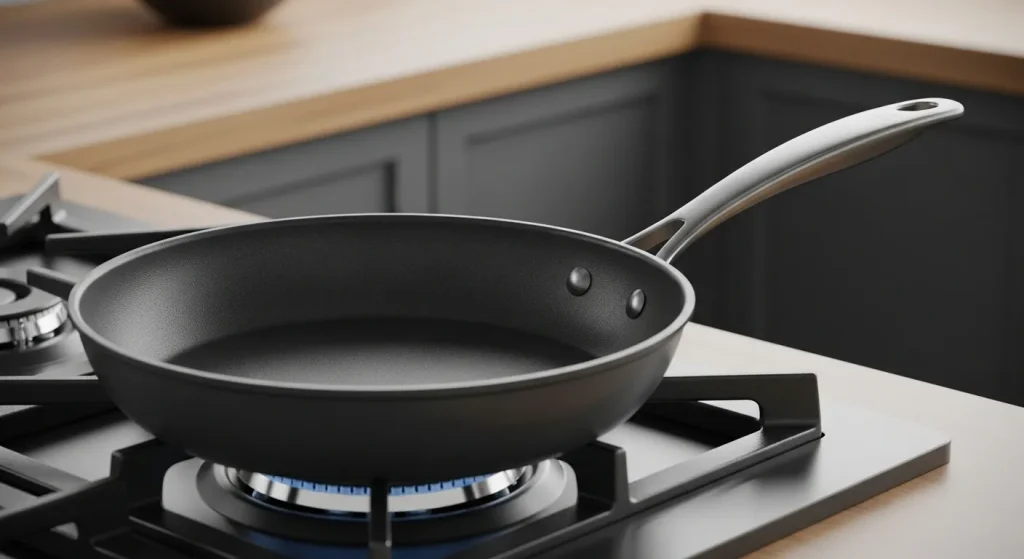 A close-up of a non-stick frying pan with low sides, showing its surface and a comfortable handle.