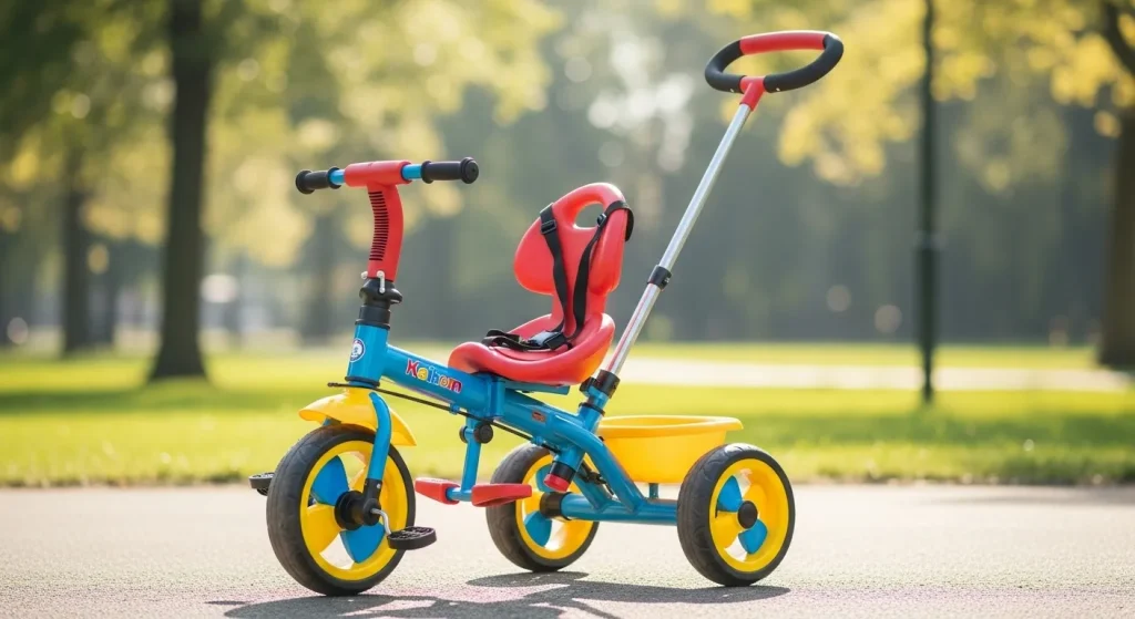 A foldable tricycle with a comfortable seat and large wheels sits on a grassy area.