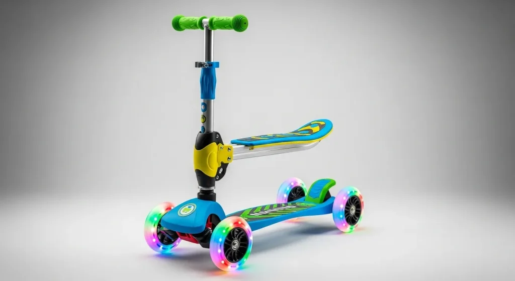 A child's three-wheeled scooter with bright LED lights on the wheels and an adjustable height handlebar.