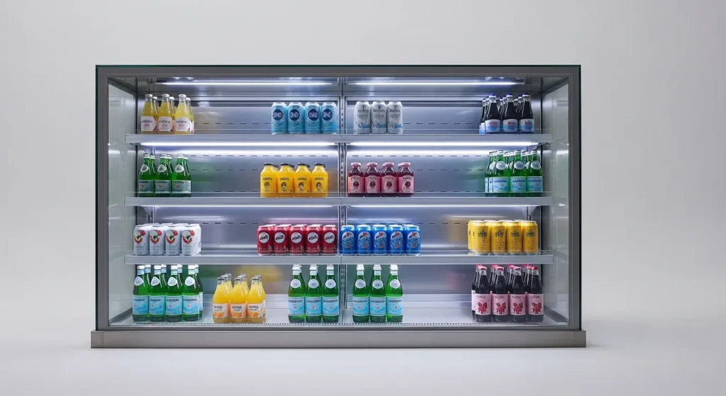 A commercial refrigerator display case with glass doors, illuminated interior, and multiple shelves containing various beverages.