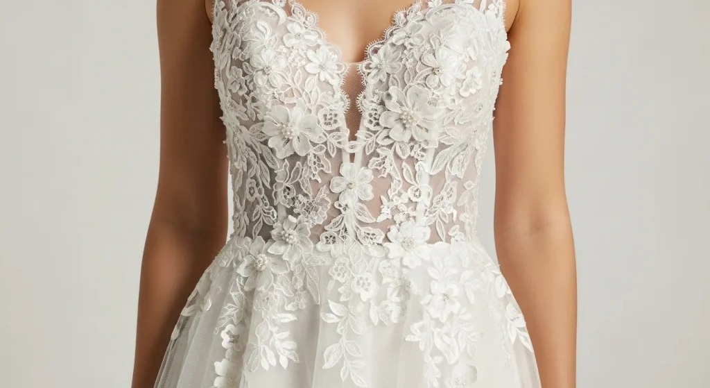 A selection of elegant wedding dresses in ivory and white, showcasing various styles and details.