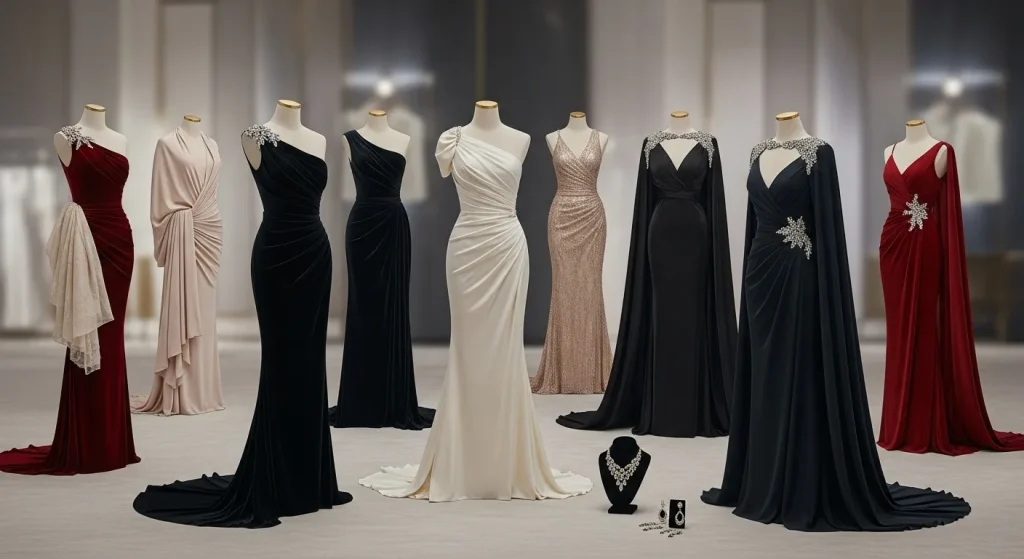 A selection of elegant evening gowns in various colors and styles, displayed on mannequins or hangers.