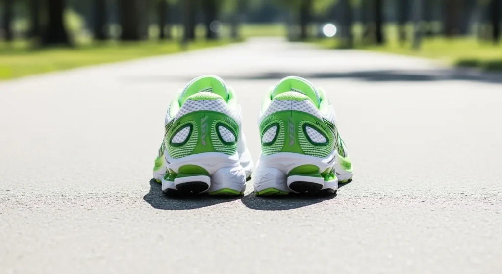 A pair of light-colored running shoes on a paved surface.