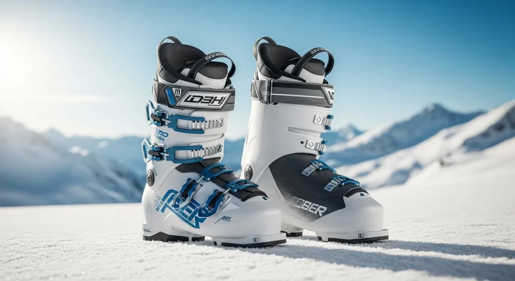 A close-up photo of a pair of modern ski boots against a snowy mountain backdrop.