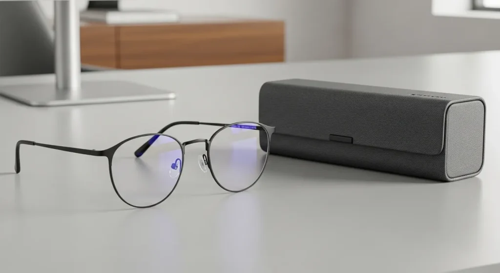 A pair of blue light filtering eyeglasses with a thin metal frame and a protective carrying case.