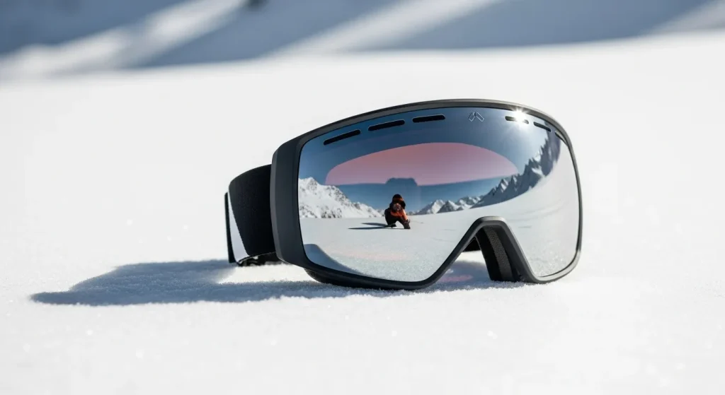 A pair of ski goggles with a mirrored lens rests on a snowy surface.