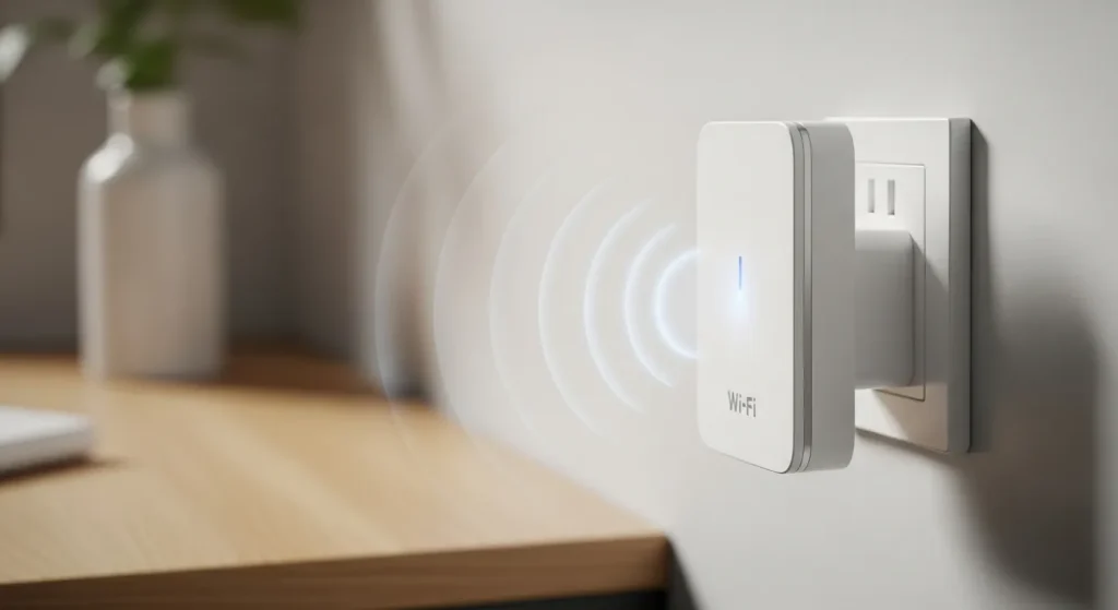 A white Wi-Fi extender plugged into a wall socket.