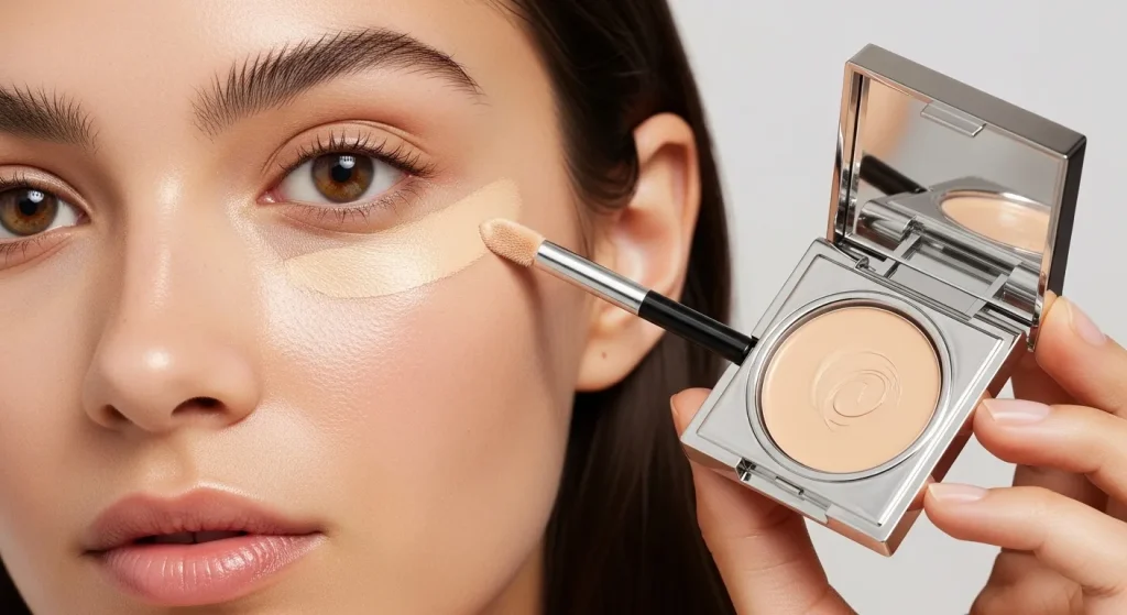 A woman's face, showing the application of concealer under her eyes to minimize dark circles.