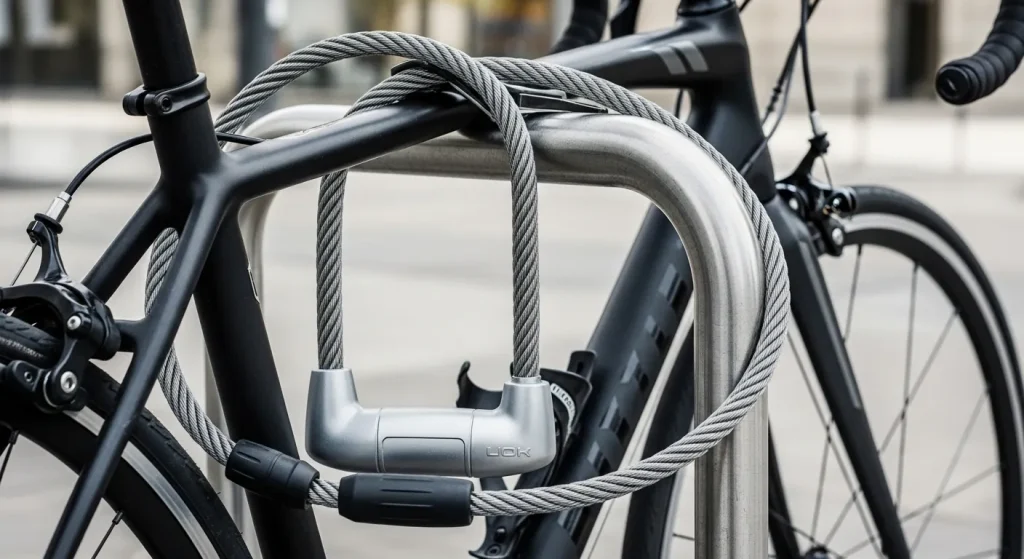 A bicycle secured to a bike rack with a U-lock and a cable lock.